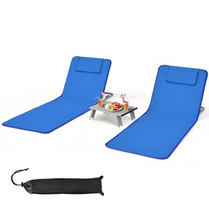 Gymax 3 PC Beach Mat Set w/ 2 Lounge Chairs & Side Table Adjustable Chaise Lounge Beach & Lawn Chairs Portable Folding Recline Chair Blue/Stripe/Green - 1 of 4