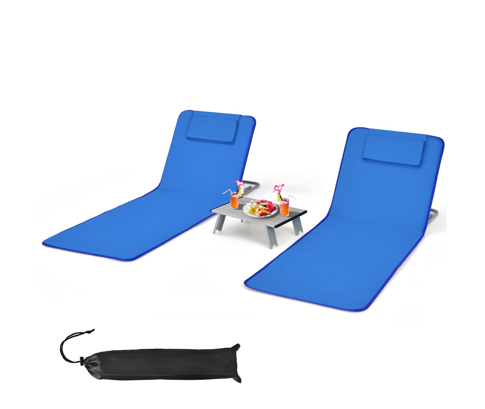 Gymax 3-Piece Beach Mat Set w/ 2 Lounge Chairs & Side Table Adjustable Chaise Lounge Beach & Lawn Chairs Portable & Folding Recline Chair, Stripe