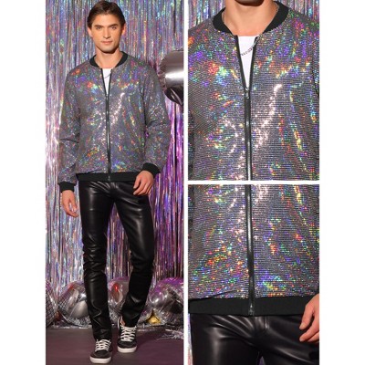 Lars Amadeus Men's Zip Up Long Sleeves Disco Sparkle Sequin Bomber Jacket Silver X Large — фото 4