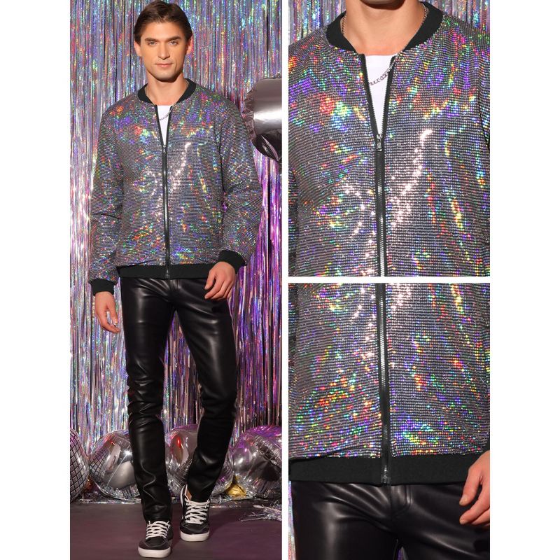 Lars Amadeus Men's Zip Up Long Sleeves Disco Sparkle Sequin Bomber Jacket, 4 of 6