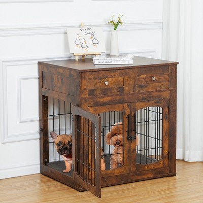 Dog crate furniture with cushions, indoor wooden dog kennel with 2 drawers, dog crate side table with storage for living room, foyer