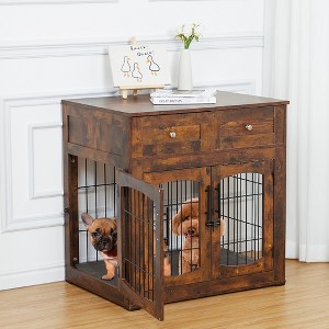 Dog crate furniture with cushions, indoor wooden dog kennel with 2 drawers, dog crate side table with storage for living room, foyer - 1 of 4