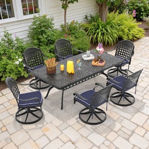 7-Piece Rectangle Cast Aluminum Outdoor Patio Dining Set with Swivel Chairs & Blue Cushions & Umbrella Hole - 1 of 4