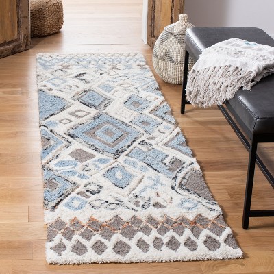 Beige and Navy Hand-Tufted Wool Moroccan Shag Runner Rug