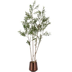 Kate and Laurel Oliveira Faux Olive Tree with Portell Metal Planter Pot, 7 FT, Bronze - 1 of 4