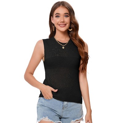 EXLURA Womens Summer Sleeveless Scoop Neck Knit Sweater Vest Crochet Hollow Out Tank Tops Beach Vacation 2025 Black M
