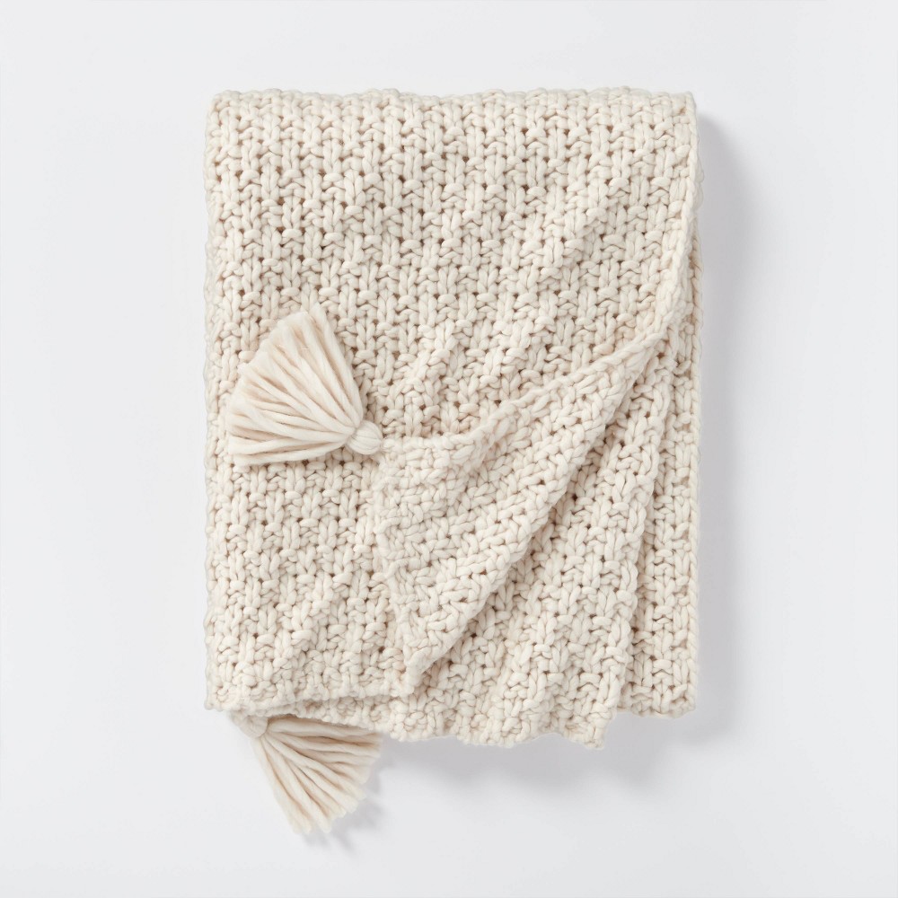 Chunky Knit Reversible Throw Blanket Cream - Threshold designed with Studio McGee