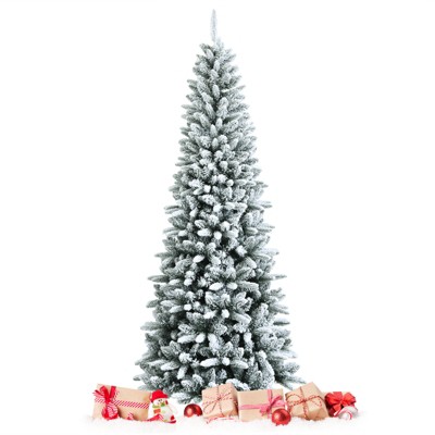 Tangkula 4.5FT Slim Snow-Flocked Christmas Tree Hinged Pencil Tree W/ 373 Branch Tips Premium PE & PVC