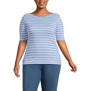 Lands' End Women's Supima Cotton Elbow Sleeve Boatneck Button Shoulder Tee - 1 of 4