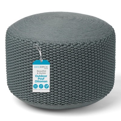 BIRDROCK HOME Outdoor Pouf Ottoman - Hand-Woven, Waterproof, Lightweight Footstool with Bead Filling - Boho Patio, Porch & Living Room Chair, Mist.