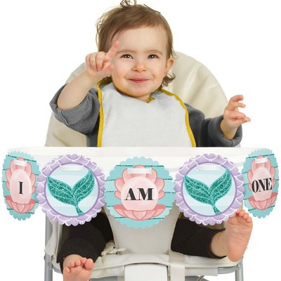 Big Dot of Happiness Let's Be Mermaids 1st Birthday Highchair Decor - I Am One - First Birthday High Chair Banner