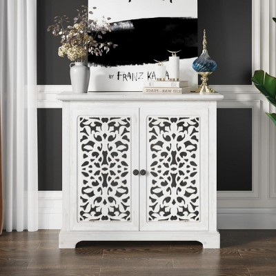 31.5'' Antique White Carved Wood Sideboard Cabinet,Solid Wood 2 Door Accent Storage Console for Entryway,Living Room,Hallway-Baofuwish