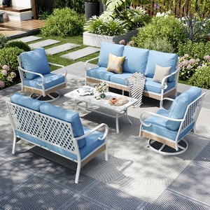 Captiva Designs 5pc Extra Large Metal and Rattan Outdoor Patio Conversation Set with Swivel Grid-back Chairs and Loveseat - 1 of 4