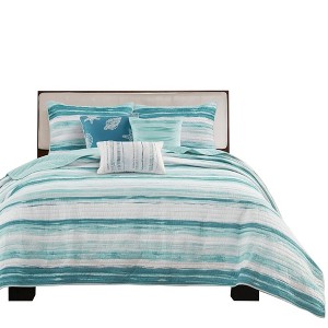 Gracie Mills Javier Coastal Watercolor 6-Piece Reversible Quilt Set with Seashell Throw Pillows - 1 of 4