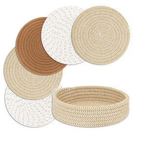 Itopfox Trivets for Hot Dishes, Pots and Pans with Storage Basket, Heat Resistant Kitchen Pads, Farmhouse Decor Set of 5 in Mix Brown - 1 of 4