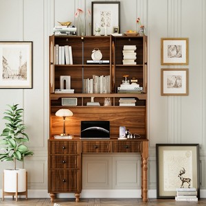 ORRD 47" Retro Desk with Charging Ports, Hutch, 5 Drawers & Glass-Door Bookshelf, Walnut Home Office - 1 of 4
