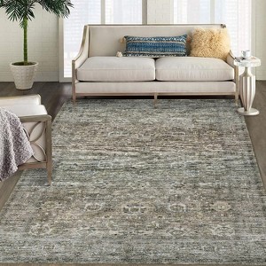 9x12 Washable Vintage Floral Rug – Low-Pile Non-Slip Boho Foldable Carpet for Living, Bedroom, Dining, Home Office, Moss Green - 1 of 4