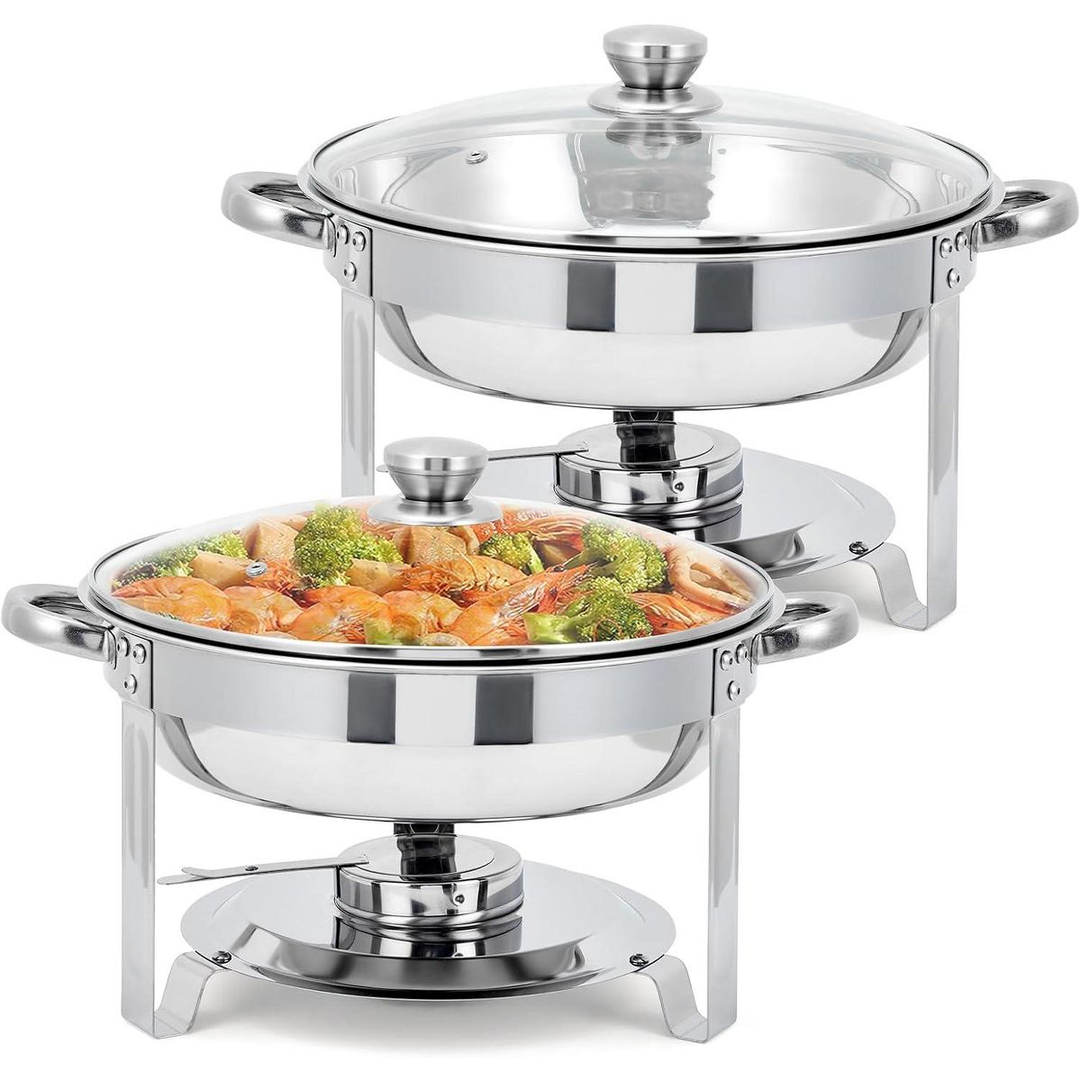 6PCS 5QT Round Stainless Steel Chafing Dish Set with Glass Lid, Insulated Buffet Food Warmer, Stackable Durable Corrosion-Resistant Server for Cateri