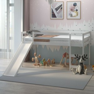 Tangkula Twin Size Loft Bed with Slide Wood Low Sturdy Loft Bed for Kids Bedroom White - 1 of 4