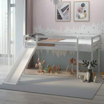 Tangkula Twin Size Loft Bed with Slide Wood Low Sturdy Loft Bed for Kids Bedroom White