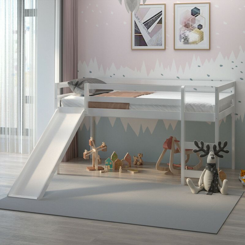 Tangkula Twin Size Loft Bed with Slide Wood Low Sturdy Loft Bed for Kids Bedroom White, 1 of 11
