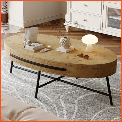 Homhougo Oval Coffee Table with Drawer, 47.2" Mid-Century Modern Center Table, Wooden Coffee Table with Storage and Cross Metal Legs