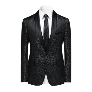 Cloudstyle Mens Floral Jacquard Dress Suit Jacket one Button Print Tux Blazer Sport Black Coat - 1 of 4