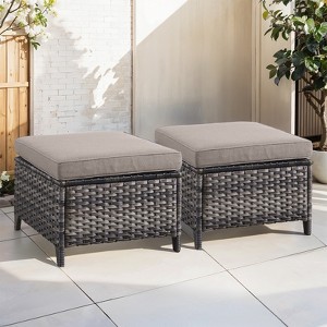 Buenhomino Patio Wicker Ottomans Set of 2, Multipurpose Outdoor Ottomans for Patio, Additional Seating, Footrest, Side Table, Removable Cushions - 1 of 4