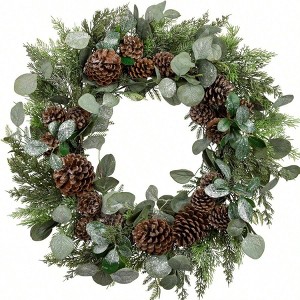 24 Inch Large Front Door Wreath with Glittering Eucalyptus Green Leaves Pine Branches Pine Cones Xmas Indoor Outdoor Decor - 1 of 4