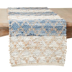 Saro Lifestyle Jute Table Runner with Diamond Stripe Chindi Design, 16"x72", Blue - 1 of 3