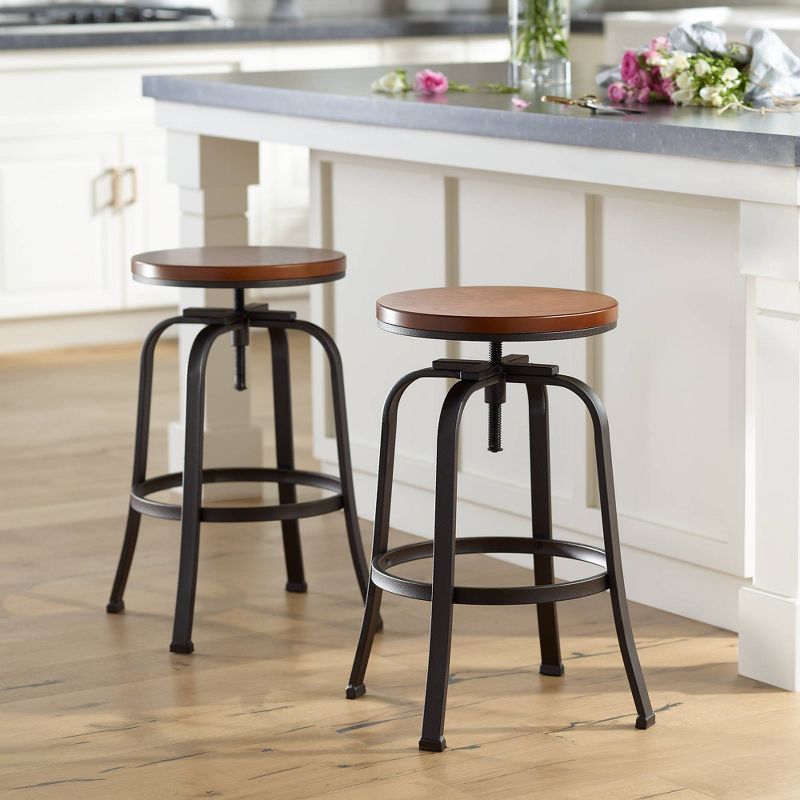 Elm Lane Radin Hammered Bronze Swivel Bar Stools Set of 2 Brown 29" High Industrial Adjustable Brown Seat with Footrest for Kitchen Counter Height, 2 of 9