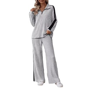 Women's Fall Casual 2 Piece Outfits Lounge Sets Long Sleeve High Neck Pullover Top Wide Leg Pants Sets - 1 of 4