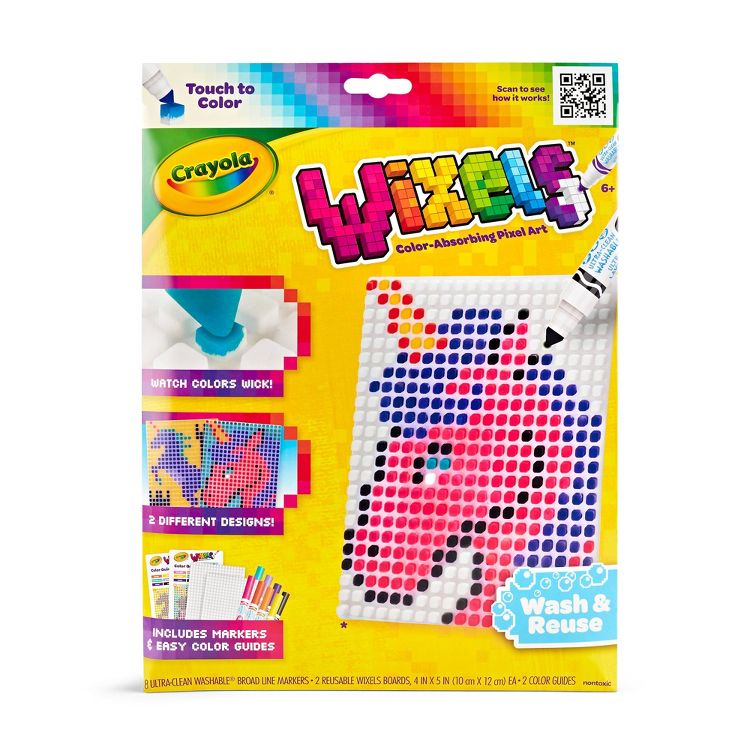 Crayola Wixels Color-Absorbing Pixel Art kit packaging featuring a unicorn design with markers and color guides included.