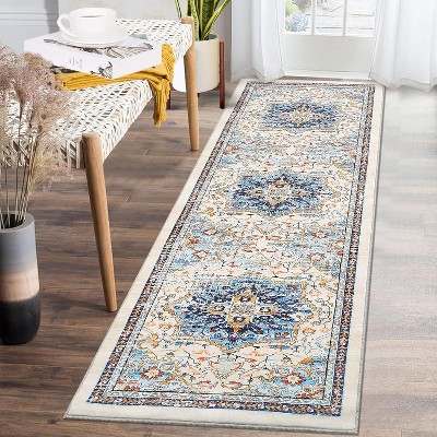 Washable Long Runner Rug, Oriental Vintage Floral Rug, Low Pile Non-Slip Soft Faux Wool Rug, Hallway, Bedroom, Kitchen, Laundry Room, Entryway