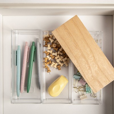 Clear Stackable Plastic Organizer Bins with Light Wood Lid, 3 Pack