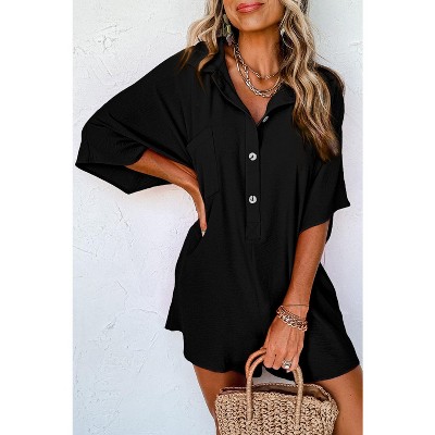 I AM A FASHION JUNKY Black Plain Half Button Collared Pocket Loose Romper
