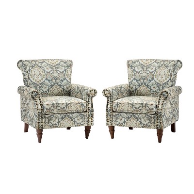 Set of 2 Araceli Traditional Wooden Upholstered Floral Armchair with Wingback and Nailhead Trim | ARTFUL LIVING DESIGN