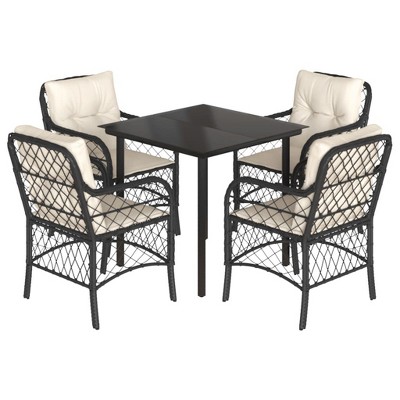 vidaXL 5 Piece Patio Dining Set - Black PE Rattan Furniture for Garden, Backyard, Patio - Glass Tabletop and Cushioned Chairs
