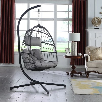 Brafab Hanging Egg Chair with Steel Stand and Fluffy Cushion, Lounge Wicker Iron Swing Chairs for Indoor Outdoor Patio Garden