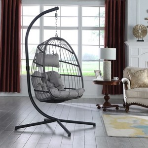 Brafab Hanging Egg Chair with Steel Stand and Fluffy Cushion, Lounge Wicker Iron Swing Chairs for Indoor Outdoor Patio Garden - 1 of 4