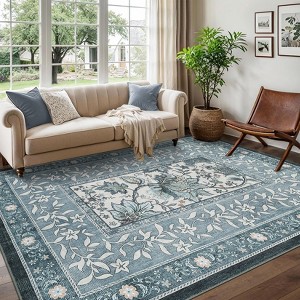 Modern Farmhouse Floral Washable Area Rug for Living Room Machine Washable Non Slip Ultra Thin Low Pile Floor Cover for Bedroom Kitchen Kid's Room - 1 of 4