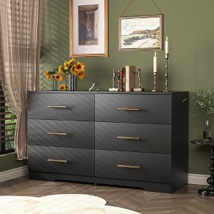 Resenkos 6-Drawer Wide Chest of Drawers, Storage Drawer Organizer, Traditional Bedroom Dresser, Sideboard Buffet for Living Room, Black - 1 of 4
