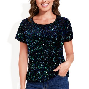 Anna-Kaci Women's Short Sleeve Crew Neck All-Over Sequin Embellished Top Stylish Sparkling Blouse - 1 of 4