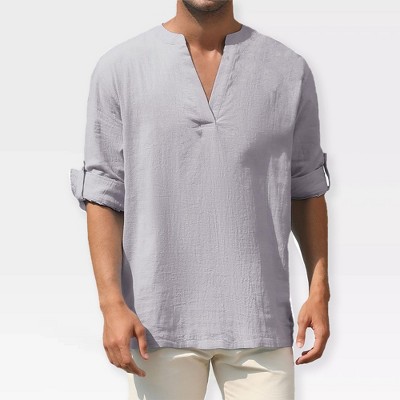 Mens Henley Shirts Long Sleeve Shirts Casual Shirts with Rolled Up Sleeve Beach T Shirts,Gray - S