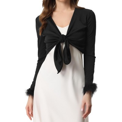 Allegra K Women's Tie Front Long Sleeve Faux Feather Cuff Short Cardigan