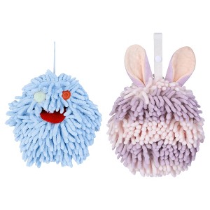 REGALWOVEN 2 Packs Fluffy Chenille Rabbit Shape Cute Soft Absorbent Hanging Ball Hand Towels 7" x 7" - 1 of 4