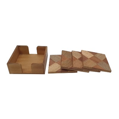 Transpac Wood 4 in. Brown Coaster Set of 5 with Holder