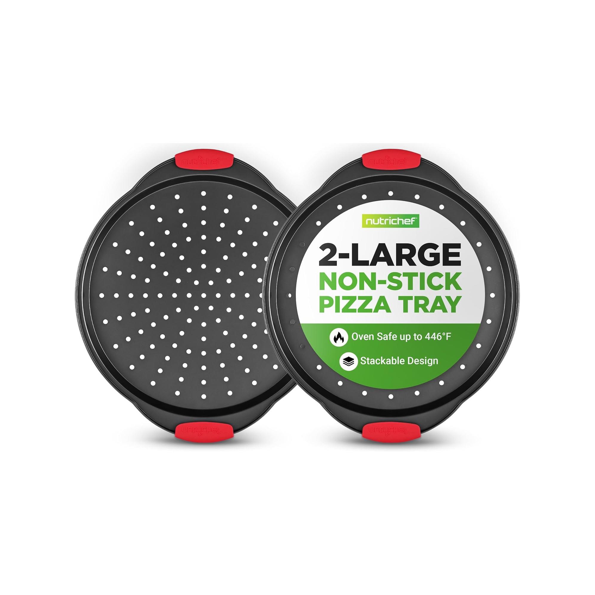 NutriChef Non-Stick Pizza Tray - with Silicone Handle, Round Steel Non-stick Pan with Perforated Holes, Premium Bakeware, Pizza Tray