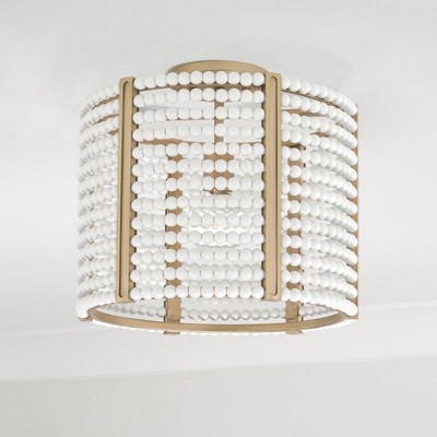 Aged Brass Painted Drum Pendant with White Wooden Beads