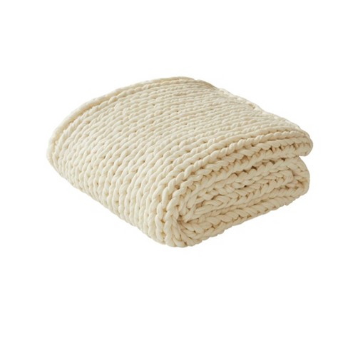 Madison Park Chenille Handmade Chunky Knit Throw. Ivory outlet